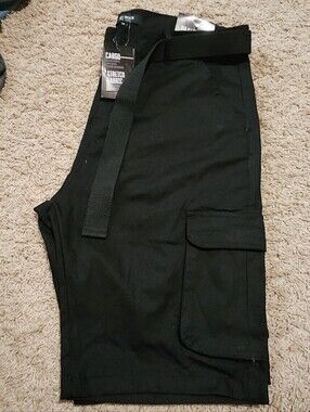 Black Cargo Stretch Fabric Shorts with Belt